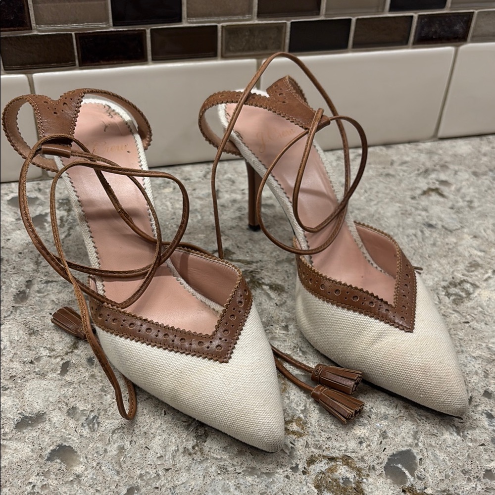 J. Crew Cream linen and Brown leather Pointed-Toe Heels with ankle tie closure